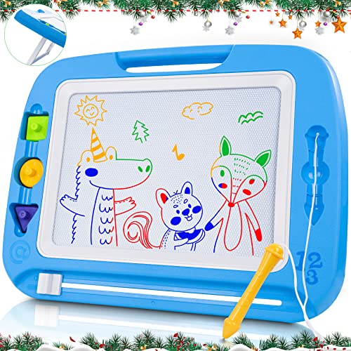 lenbest Pizarra Magnética para Niños, Doodle Magnético Infantil, Almohadilla Magnética Borrable para Niños, Pizarra Educativo, con 3 Sellos de Figuras Magnéticos, 4 Colores Llamativos (Color Azul)