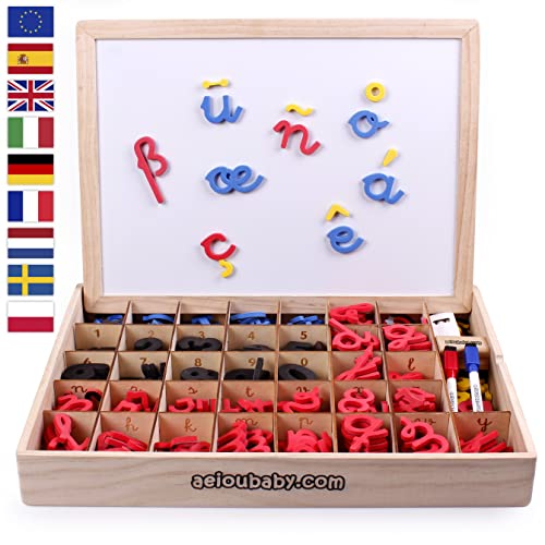 Letras Números Magnéticos Montessori. Abecedario Móvil Cursiva Ligada.Juego Educativo Infantil Aprender Leer Escribir.Caja Madera,Símbolos Multilingües,Tizas,Rotuladores,Borrador,Pizarra Blanca-Negra