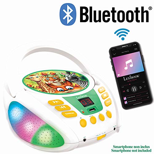 LEXIBOOK- Animales de la Selva-Lector de CD Bluetooth Portátil, Efectos Multicolores, Entrada para micrófono, AUX IN, AC o Funciona con batería, Niños, Blanco