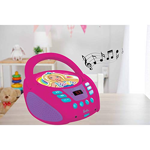 LEXIBOOK- Barbie, Mattel-Reproductor Radio CD, Altavoz portatil, Toma Micro y Aux-in RCD108BB Lector, Entrada para micrófono, AC o Funciona con batería, Rosa, Color