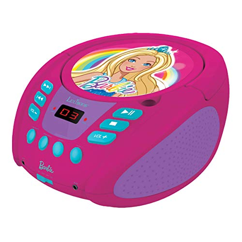 LEXIBOOK- Barbie, Mattel-Reproductor Radio CD, Altavoz portatil, Toma Micro y Aux-in RCD108BB Lector, Entrada para micrófono, AC o Funciona con batería, Rosa, Color