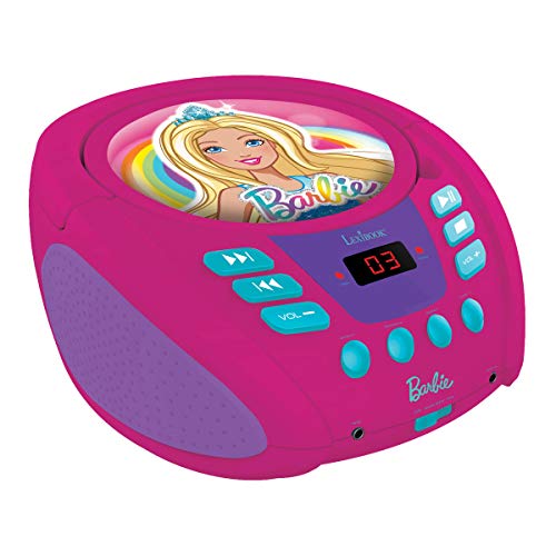 LEXIBOOK- Barbie, Mattel-Reproductor Radio CD, Altavoz portatil, Toma Micro y Aux-in RCD108BB Lector, Entrada para micrófono, AC o Funciona con batería, Rosa, Color