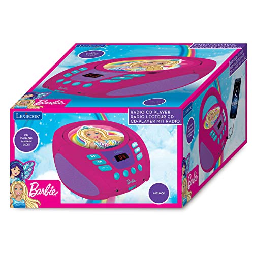 LEXIBOOK- Barbie, Mattel-Reproductor Radio CD, Altavoz portatil, Toma Micro y Aux-in RCD108BB Lector, Entrada para micrófono, AC o Funciona con batería, Rosa, Color