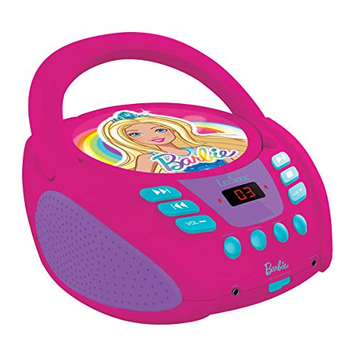 LEXIBOOK- Barbie, Mattel-Reproductor Radio CD, Altavoz portatil, Toma Micro y Aux-in RCD108BB Lector, Entrada para micrófono, AC o Funciona con batería, Rosa, Color