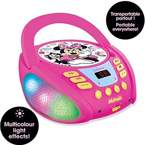 LEXIBOOK- Disney Minnie - Lector de CD Bluetooth para niños – Portátil, Efectos Multicolores, Entrada para micrófono, AUX IN, AC o Funciona con batería