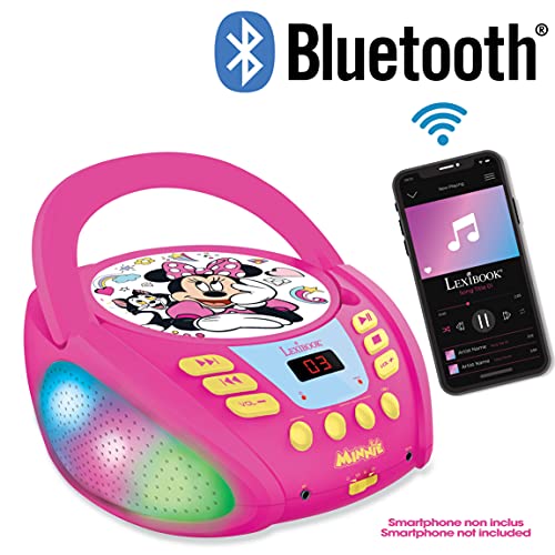 LEXIBOOK- Disney Minnie - Lector de CD Bluetooth para niños – Portátil, Efectos Multicolores, Entrada para micrófono, AUX IN, AC o Funciona con batería