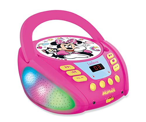 LEXIBOOK- Disney Minnie - Lector de CD Bluetooth para niños – Portátil, Efectos Multicolores, Entrada para micrófono, AUX IN, AC o Funciona con batería