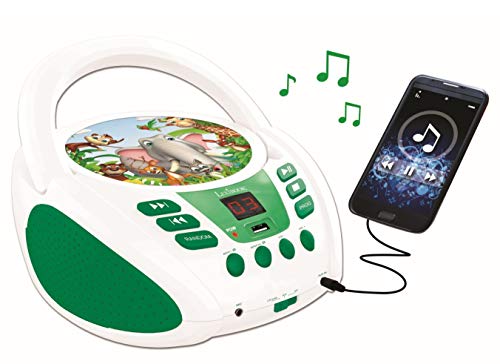 LEXIBOOK- Lector de CD Radio portátil Animales, AUX IN, Puerto USB, micrófono Jack, Verde/Blanco MP3, Color