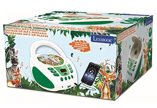 LEXIBOOK- Lector de CD Radio portátil Animales, AUX IN, Puerto USB, micrófono Jack, Verde/Blanco MP3, Color