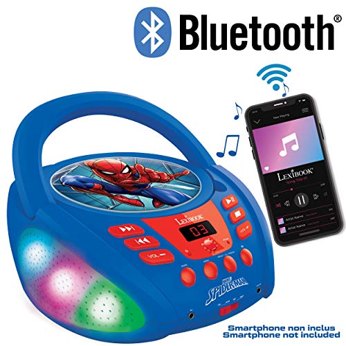 LEXIBOOK Marvel Spider-Man-Lector de CD Bluetooth Portátil, Efectos Multicolores, Entrada para micrófono, AUX IN, AC o Funciona con batería, Niños, Azul/Rojo