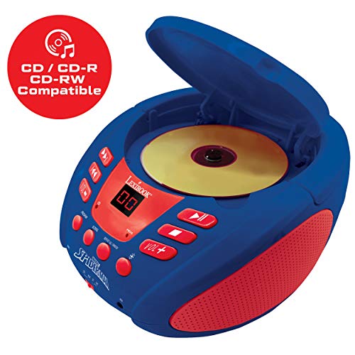 LEXIBOOK Marvel Spider-Man-Lector de CD Bluetooth Portátil, Efectos Multicolores, Entrada para micrófono, AUX IN, AC o Funciona con batería, Niños, Azul/Rojo