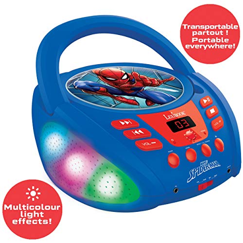 LEXIBOOK Marvel Spider-Man-Lector de CD Bluetooth Portátil, Efectos Multicolores, Entrada para micrófono, AUX IN, AC o Funciona con batería, Niños, Azul/Rojo