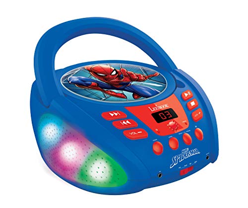 LEXIBOOK Marvel Spider-Man-Lector de CD Bluetooth Portátil, Efectos Multicolores, Entrada para micrófono, AUX IN, AC o Funciona con batería, Niños, Azul/Rojo