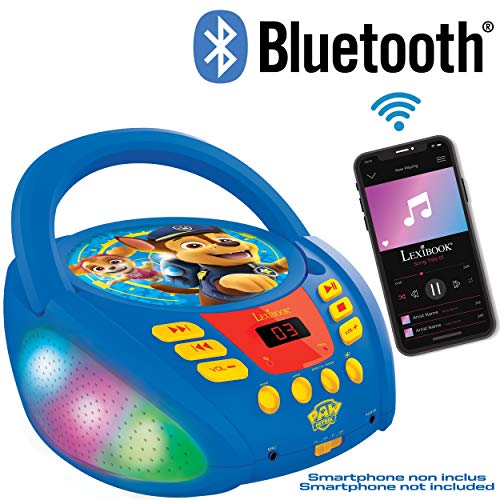 LEXIBOOK Paw Patrol-Lector de CD Bluetooth Portátil, Efectos Multicolores, Entrada para micrófono, AUX IN, AC o Funciona con batería, Niños, Azul/Rojo, RCD109PA