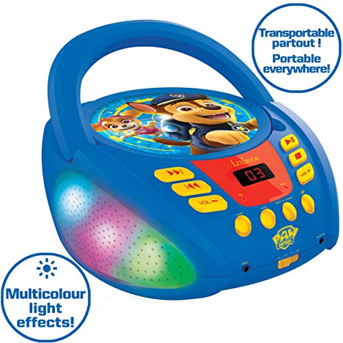 LEXIBOOK Paw Patrol-Lector de CD Bluetooth Portátil, Efectos Multicolores, Entrada para micrófono, AUX IN, AC o Funciona con batería, Niños, Azul/Rojo, RCD109PA