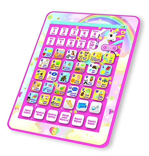 LEXIBOOK- Tablet Educativa Parlante Bilingüe Unicornio, Juguete para Aprender Letras, numeros, Vocabulario y música, Idiomas Español/Inglès, Rosa