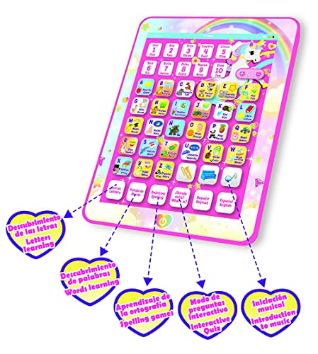 LEXIBOOK- Tablet Educativa Parlante Bilingüe Unicornio, Juguete para Aprender Letras, numeros, Vocabulario y música, Idiomas Español/Inglès, Rosa