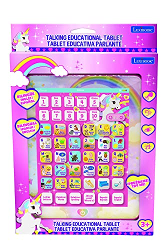 LEXIBOOK- Tablet Educativa Parlante Bilingüe Unicornio, Juguete para Aprender Letras, numeros, Vocabulario y música, Idiomas Español/Inglès, Rosa