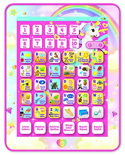 LEXIBOOK- Tablet Educativa Parlante Bilingüe Unicornio, Juguete para Aprender Letras, numeros, Vocabulario y música, Idiomas Español/Inglès, Rosa