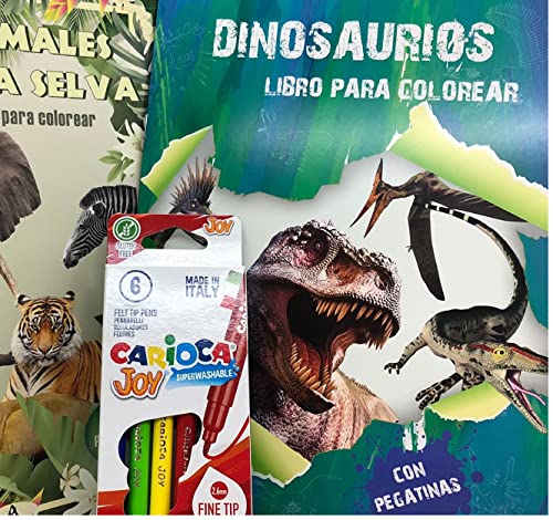 libro dinosaurios + pegatinas dinosaurios y libro colorear animales + pegatinas animales y 1 paquete de rotuladores de colores. x2 cuadernos para colorear para niños de todas las edades.