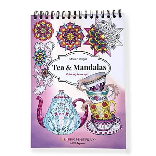 Libro Tea & Mandalas colorear adultos con app en español de Minitips para colorear, papel grueso y espiral, impresión a una cara y tamaño A4