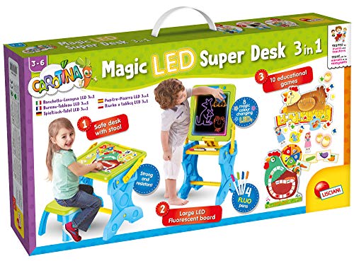 Lisciani - Carotina Pupitre Pizarra con Luces LED, 3 juegos en 1- Super Kit educativo preescolar para niños a partir de 3 años (72415)