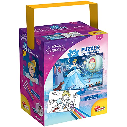 Lisciani - Puzzle in a Tub Doble Cara con Reverso para Colorear 60 Piezas con 4 rotuladores incluidos Disney Princesas Puzle para niños a partir de 3 años (86191)