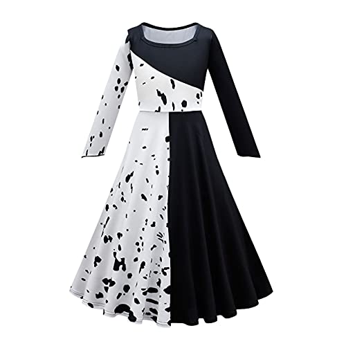 Lito Angels Disfraz de Cruella con Capa y Peluca de Pelo, Vestido de Lunares Dálmatas en Blanco y Negro para Niñas, Talla 9-10 años