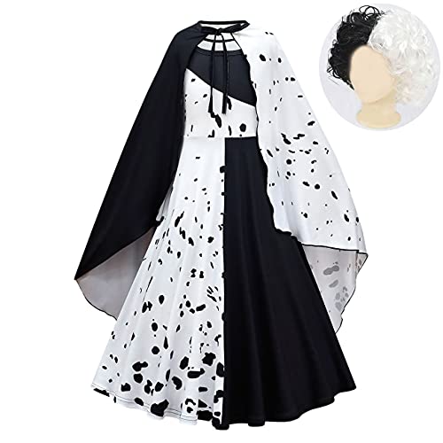 Lito Angels Disfraz de Cruella con Capa y Peluca de Pelo, Vestido de Lunares Dálmatas en Blanco y Negro para Niñas, Talla 9-10 años