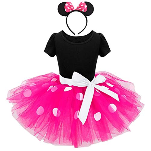 Lito Angels Disfraz Minnie Mouse para Bebe Niña con Orejas de Ratón Aro de Pelo, Vestido de Tul Falda Tutu con Lunares, Talla 12-18 meses, Rosa Caliente