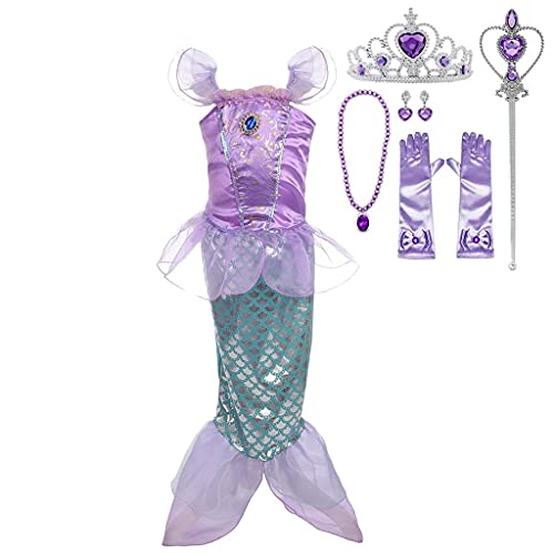 Lito Angels Disfraz Sirenita Vestido Sirena Princesa Ariel con Accesorios para Niñas, Talla 5-6 años, Púrpura