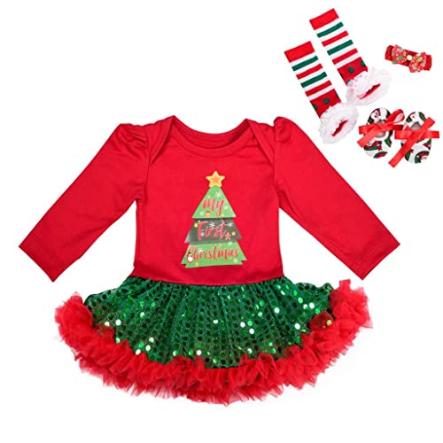 Lito Angels Disfraz Vestido de Primera Navidad Bebe Niñas, Conjunto de Ropa con Diadema, Calcetines y Zapatos, Talla 3-6 meses, Manga Larga, Rojo, B