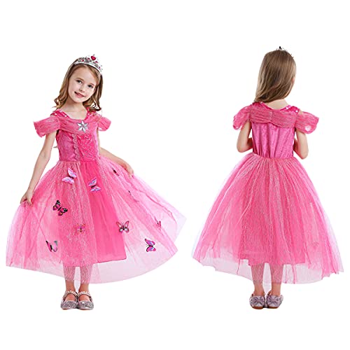 LiUiMiY Vestido de Princesa Disfraz Niña Tul Rosa para Carnaval Cumpleaños Cosplay Halloween Fiesta 2-8 años con accesorios, Rosa, 116-122 (etiqueta 120)