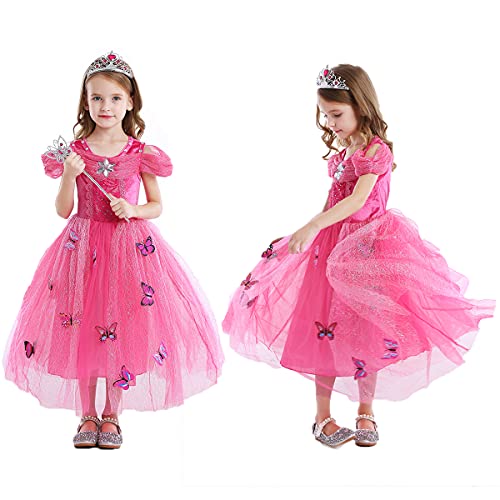 LiUiMiY Vestido de Princesa Disfraz Niña Tul Rosa para Carnaval Cumpleaños Cosplay Halloween Fiesta 2-8 años con accesorios, Rosa, 116-122 (etiqueta 120)