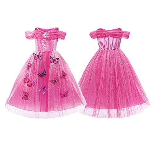 LiUiMiY Vestido de Princesa Disfraz Niña Tul Rosa para Carnaval Cumpleaños Cosplay Halloween Fiesta 2-8 años con accesorios, Rosa, 116-122 (etiqueta 120)