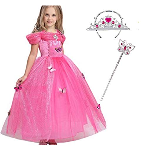 LiUiMiY Vestido de Princesa Disfraz Niña Tul Rosa para Carnaval Cumpleaños Cosplay Halloween Fiesta 2-8 años con accesorios, Rosa, 116-122 (etiqueta 120)