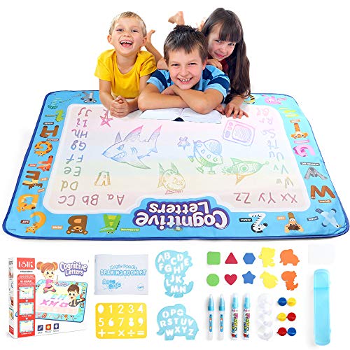 LotFancy Aqua Magic Doodle Alfombrilla de Dibujo de Agua Extra Grande Actualizada de 40 x 32 Pulgadas Alfombrilla para Colorear con 29 Accesorios Juguetes Educativos para Edad de 3 a 9 años