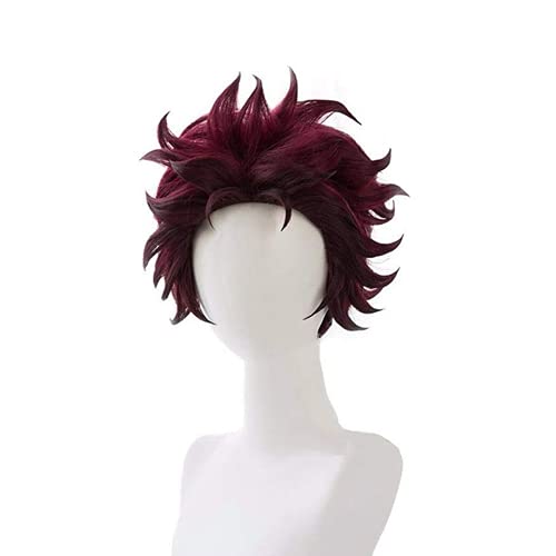 Lwiuentx Demon Slayer Cosplay Kamado Tanjirou Peluca de Capas Cortas para Fiesta de Halloween + Gorro de Peluca Gratis