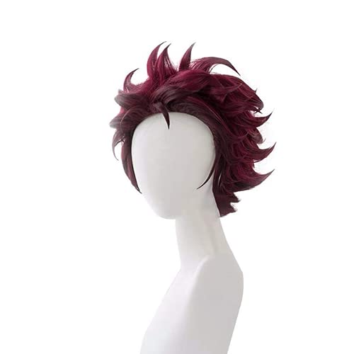 Lwiuentx Demon Slayer Cosplay Kamado Tanjirou Peluca de Capas Cortas para Fiesta de Halloween + Gorro de Peluca Gratis