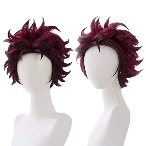 Lwiuentx Demon Slayer Cosplay Kamado Tanjirou Peluca de Capas Cortas para Fiesta de Halloween + Gorro de Peluca Gratis