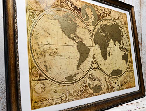 Mapa de pared con diseño de mapa de la historia de la ancla con rasguños en el mundo, Diseño de antiguo mapa, mapa del mundo en color dorado