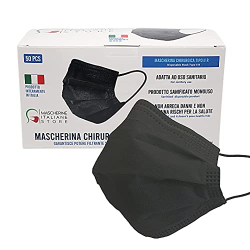 Mascarilla quirúrgica 3 capas Certificación CE de typo II R, PAQUETE DE 50 UNIDADES Negro. FABRICADAS EN ITALIA EN SU TOTALIDAD CON MATERIALES ITALIANOS CERTIFICADOS