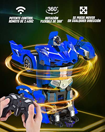 Maxesla Coche Teledirigido Transformers para Niños, 2 in 1 Coche Robot Teledirigido, 2.4GHz Coche Radiocontrol with LED, Transforming Toys Juguetes Regalo para niños de 3+ años, Azul