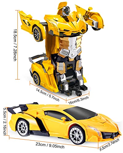 Maxesla Coche Teledirigido Transformers para Niños, 2 in 1 Coche Robot Teledirigido, 2.4GHz Coche Radiocontrol with LED, Transforming Toys Juguetes Regalo para niños de 3+ años, Amarillo