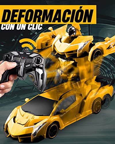 Maxesla Coche Teledirigido Transformers para Niños, 2 in 1 Coche Robot Teledirigido, 2.4GHz Coche Radiocontrol with LED, Transforming Toys Juguetes Regalo para niños de 3+ años, Amarillo