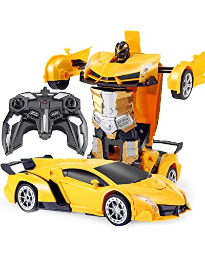 Maxesla Coche Teledirigido Transformers para Niños, 2 in 1 Coche Robot Teledirigido, 2.4GHz Coche Radiocontrol with LED, Transforming Toys Juguetes Regalo para niños de 3+ años, Amarillo