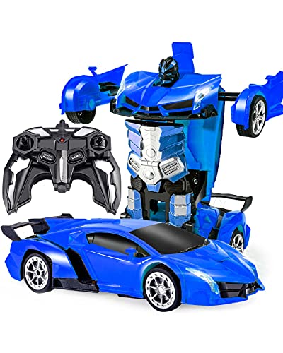 Maxesla Coche Teledirigido Transformers para Niños, 2 in 1 Coche Robot Teledirigido, 2.4GHz Coche Radiocontrol with LED, Transforming Toys Juguetes Regalo para niños de 3+ años, Azul