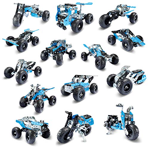 Meccano 15 in 1 Set Off Road Rally - Juego de construcción de varios modelos de vehículos de 242 pieza(s), Metal y Plástico, Colores Azul ( Plata y Negro)