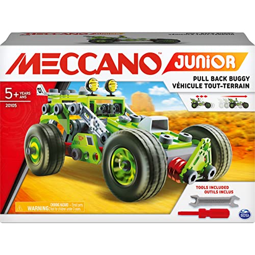 MECCANO, 3-in-1 Model Building, for Kids Aged 5 and Up Junior, 3 en 1 Deluxe Pull Back Buggy Steam Kit de construcción para niños a Partir de 5 años, Color Gris (Spin Master 6055133)