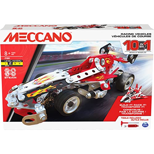 MECCANO Kit de construcción Modelo Stem de vehículos de Carreras 10 en 1 con 225 Piezas y Herramientas Reales, Juguetes para niños para niños de 8 años en adelante (6060104)